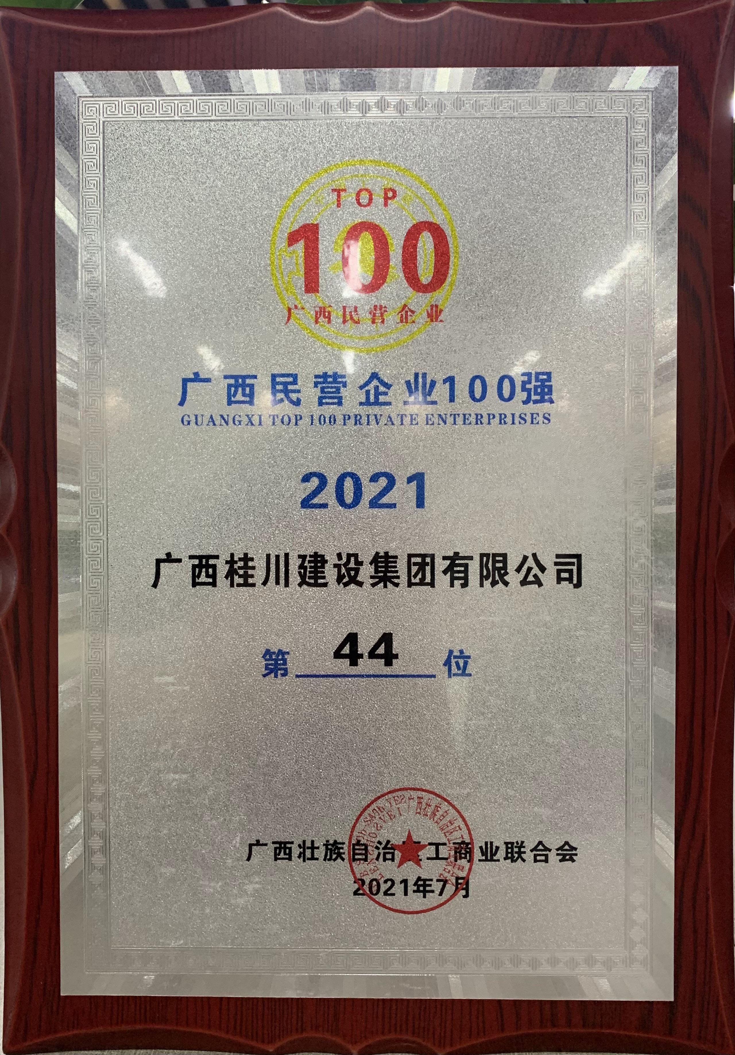 2021年广西民营企业100强位列第44位